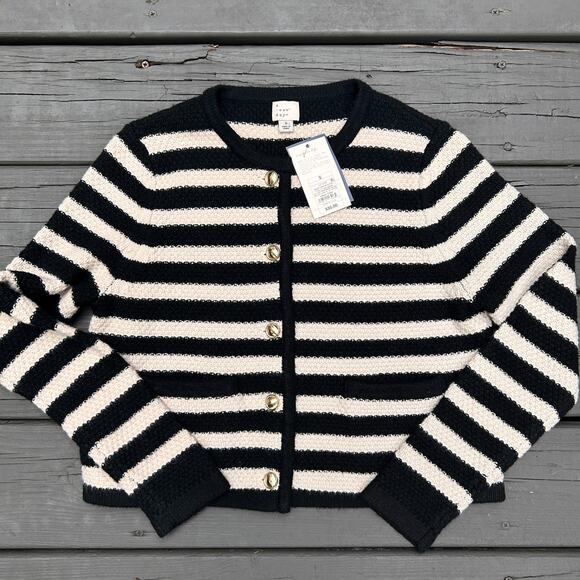 a new day Sweaters - A New Day Lady Cardigan Small Black Cream Stripe Gold Buttons NWT Preppy